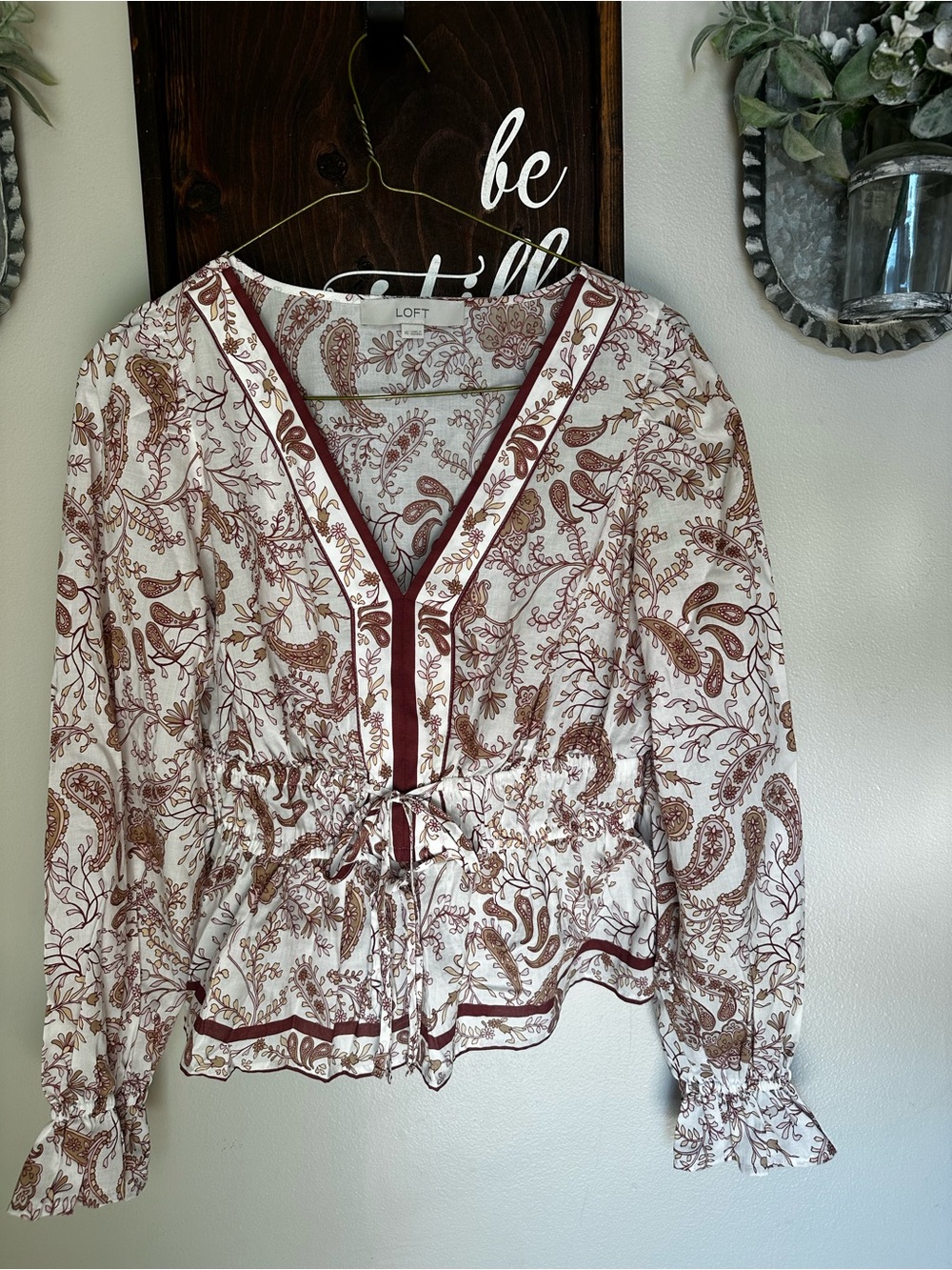 LOFT Cream and Brown Paisley Tie-Waist Blouse